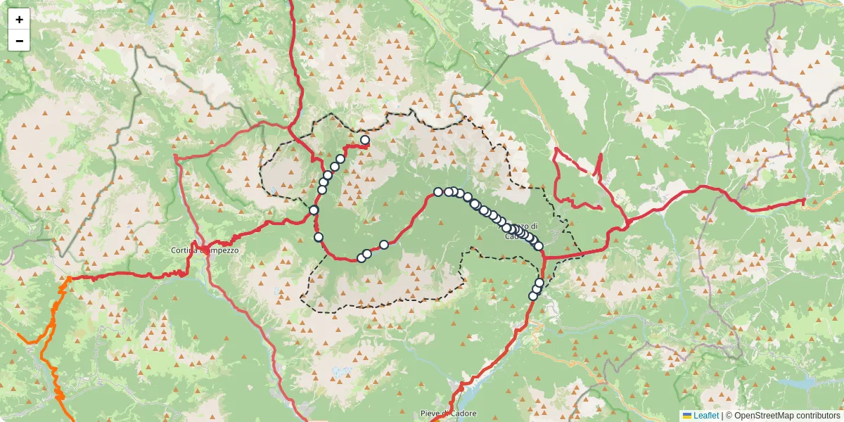 Mappa dettagliata del trasporto pubblico a Auronzo di Cadore con linee autobus, tram e collegamenti