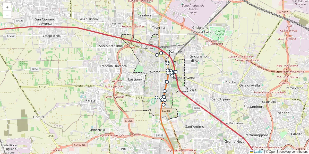 Mappa dettagliata del trasporto pubblico a Aversa con linee autobus, tram e collegamenti