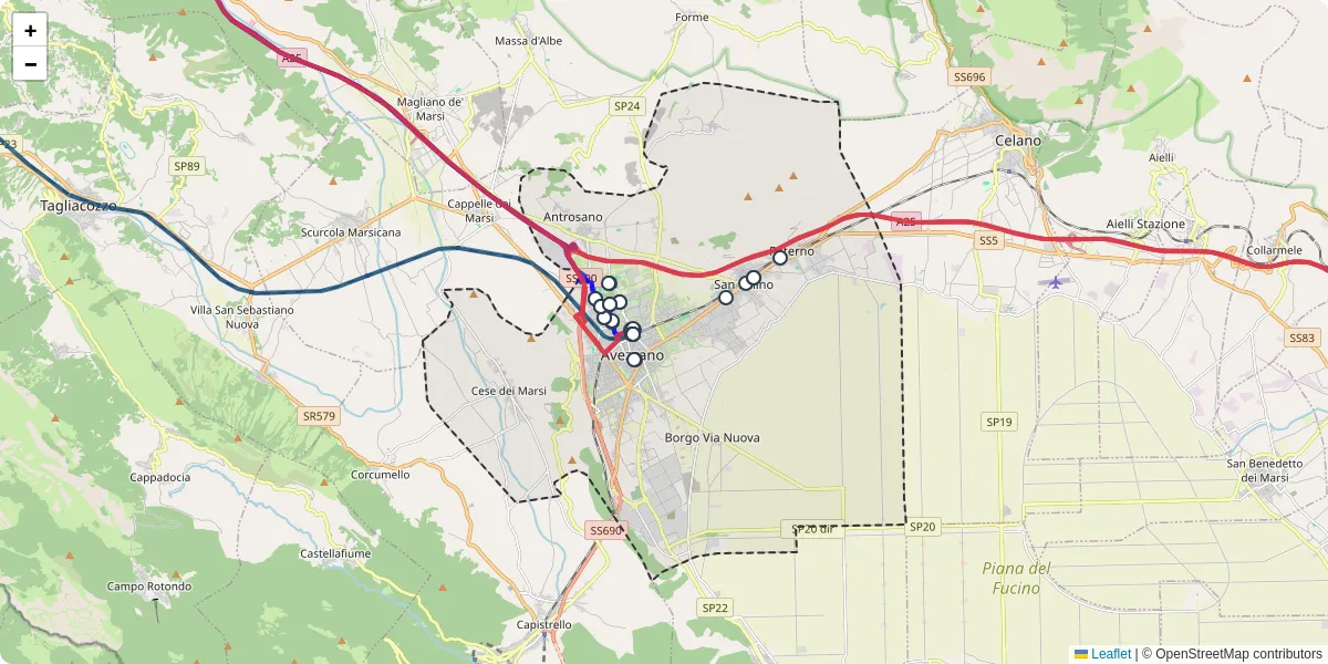 Mappa dettagliata del trasporto pubblico a Avezzano con linee autobus, tram e collegamenti