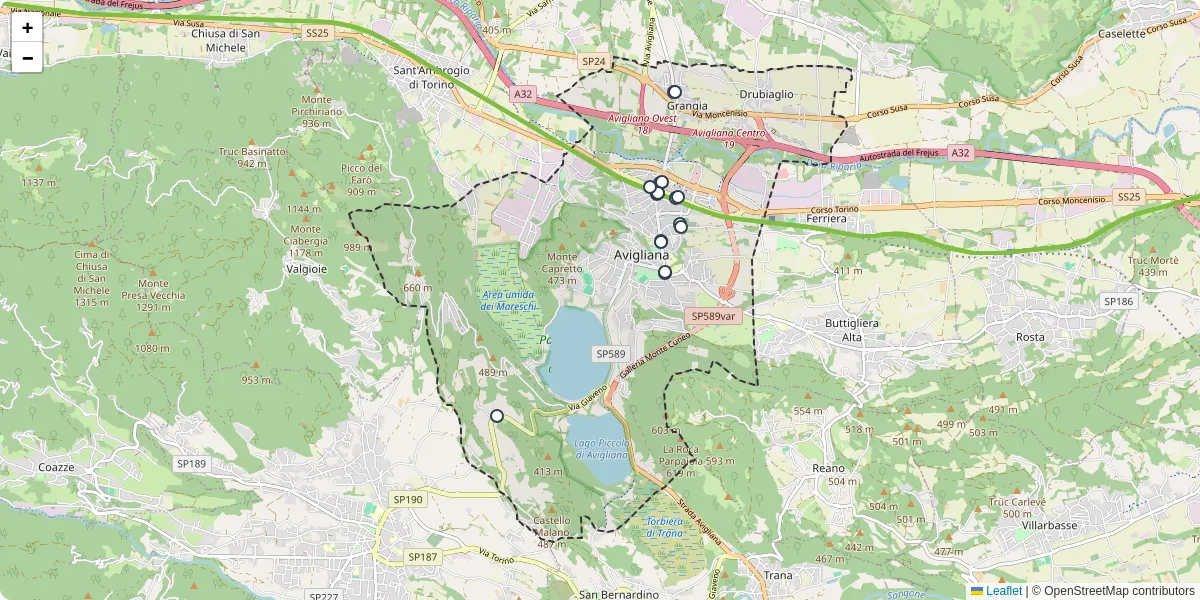 Mappa dettagliata del trasporto pubblico a Avigliana con linee autobus, tram e collegamenti