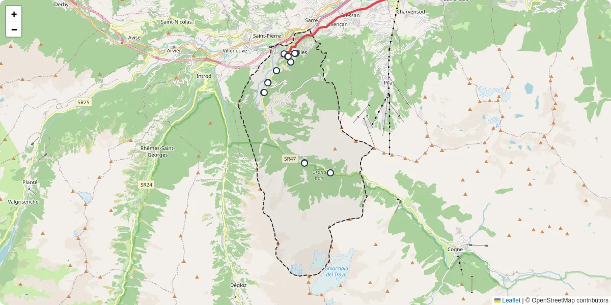 Mappa dettagliata del trasporto pubblico a Aymavilles con linee autobus, tram e collegamenti