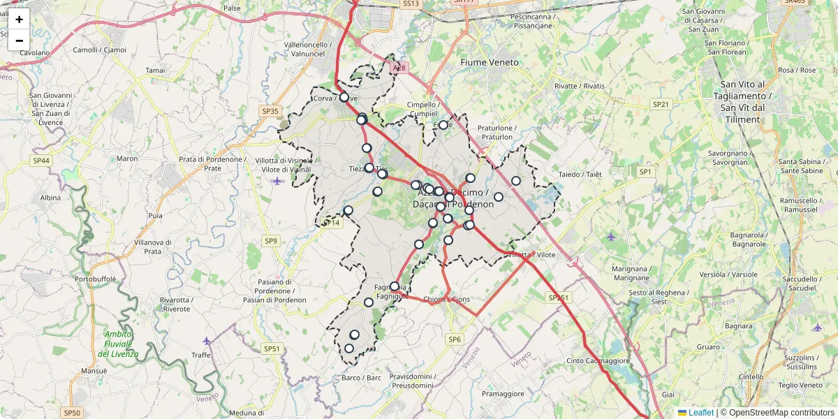 Mappa dettagliata del trasporto pubblico a Azzano Decimo con linee autobus, tram e collegamenti
