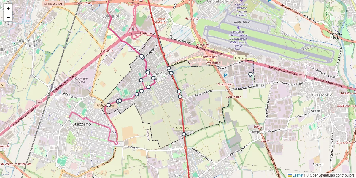 Mappa dettagliata del trasporto pubblico a Azzano San Paolo con linee autobus, tram e collegamenti