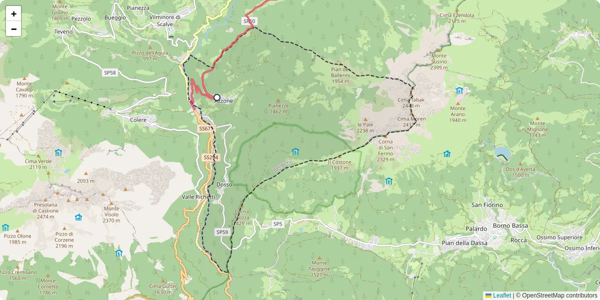 Mappa dettagliata del trasporto pubblico a Azzone con linee autobus, tram e collegamenti