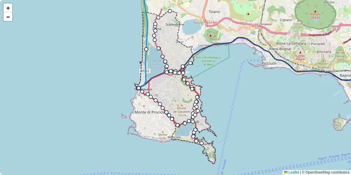 Mappa dettagliata del trasporto pubblico a Bacoli con linee autobus, tram e collegamenti