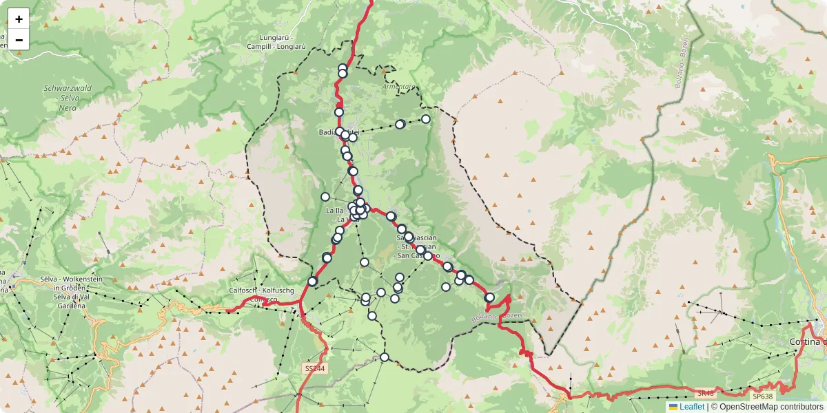 Mappa dettagliata del trasporto pubblico a Badia - Abtei con linee autobus, tram e collegamenti