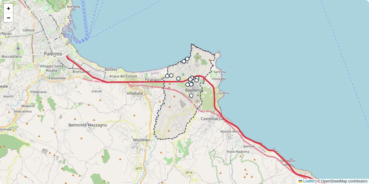 Mappa dettagliata del trasporto pubblico a Bagheria con linee autobus, tram e collegamenti