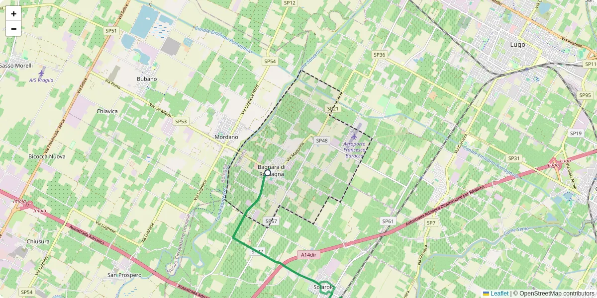 Mappa dettagliata del trasporto pubblico a Bagnara di Romagna con linee autobus, tram e collegamenti