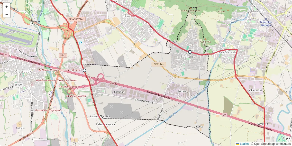 Mappa dettagliata del trasporto pubblico a Bagnatica con linee autobus, tram e collegamenti