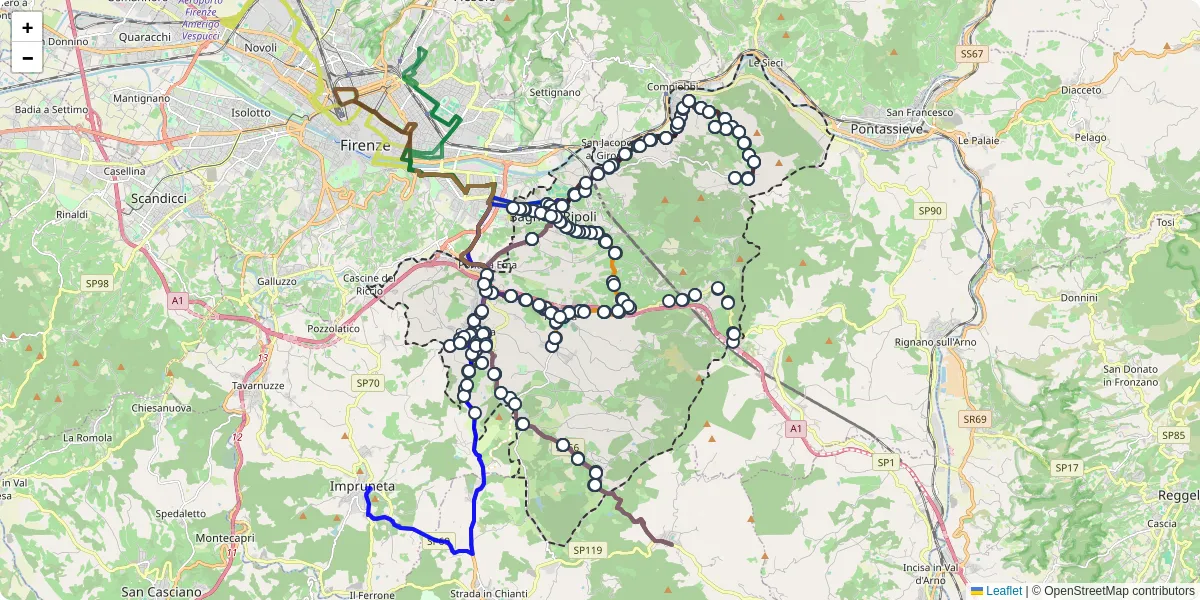 Mappa dettagliata del trasporto pubblico a Bagno a Ripoli con linee autobus, tram e collegamenti