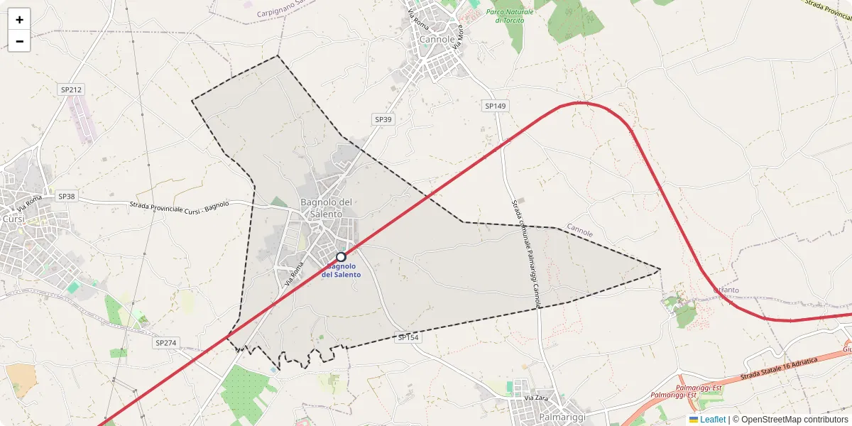 Mappa dettagliata del trasporto pubblico a Bagnolo del Salento con linee autobus, tram e collegamenti