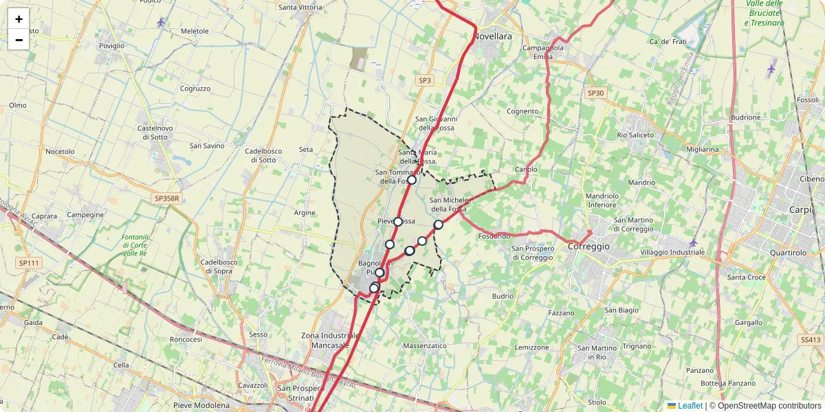 Mappa dettagliata del trasporto pubblico a Bagnolo in Piano con linee autobus, tram e collegamenti