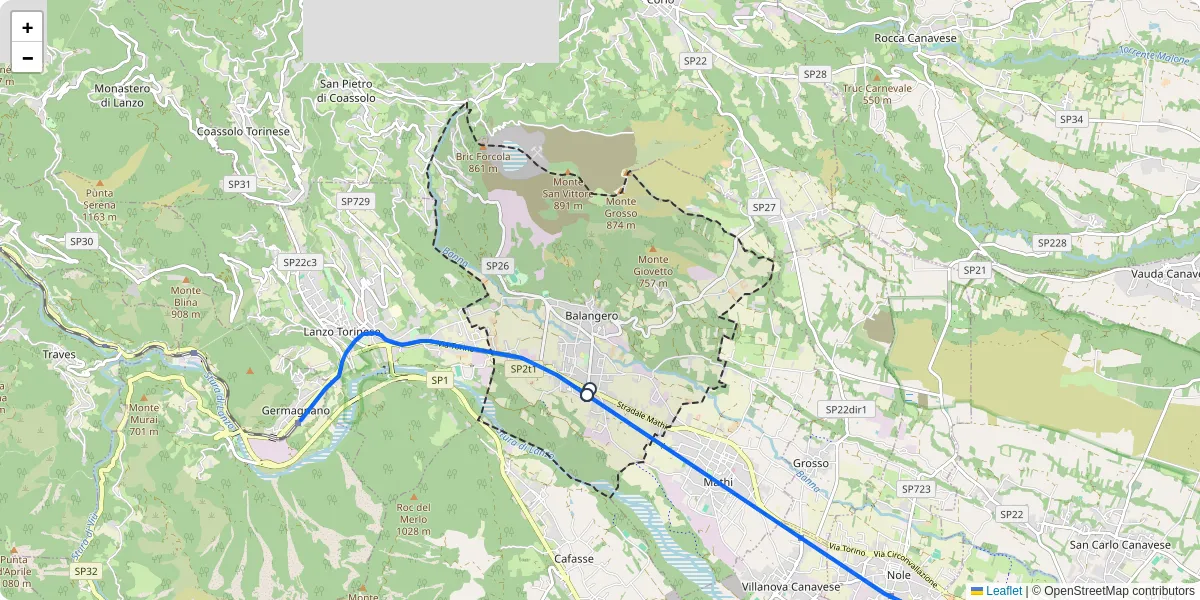 Mappa dettagliata del trasporto pubblico a Balangero con linee autobus, tram e collegamenti