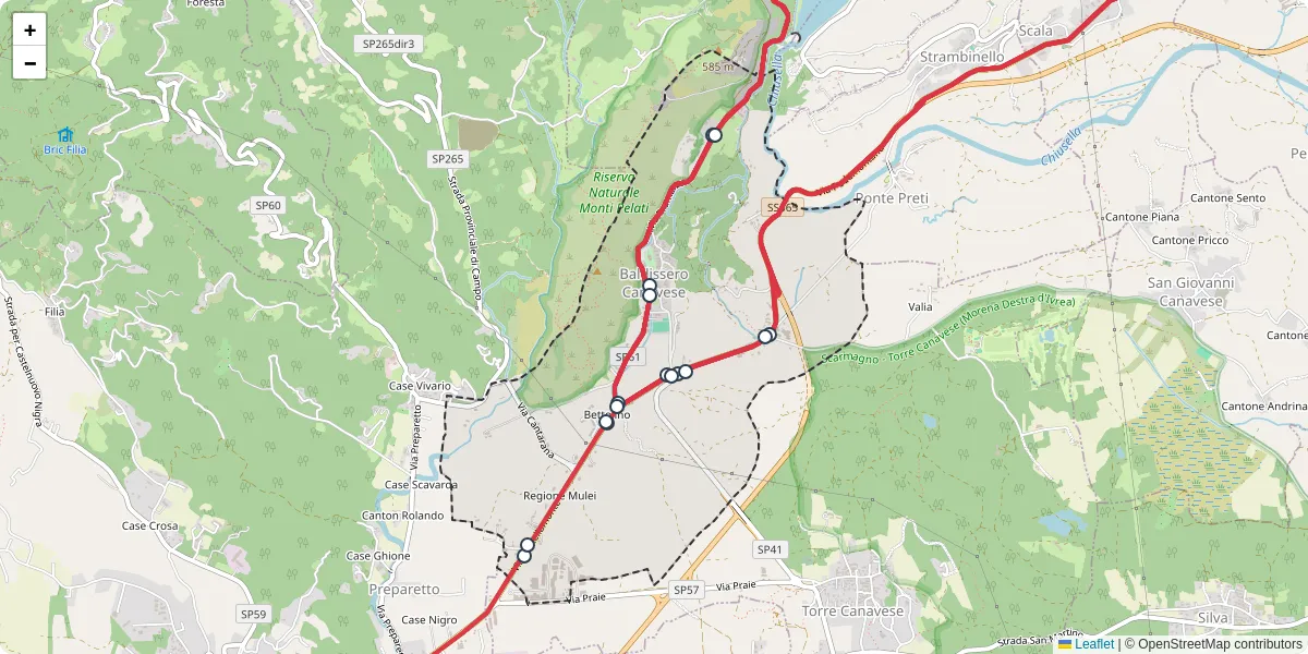 Mappa dettagliata del trasporto pubblico a Baldissero Canavese con linee autobus, tram e collegamenti