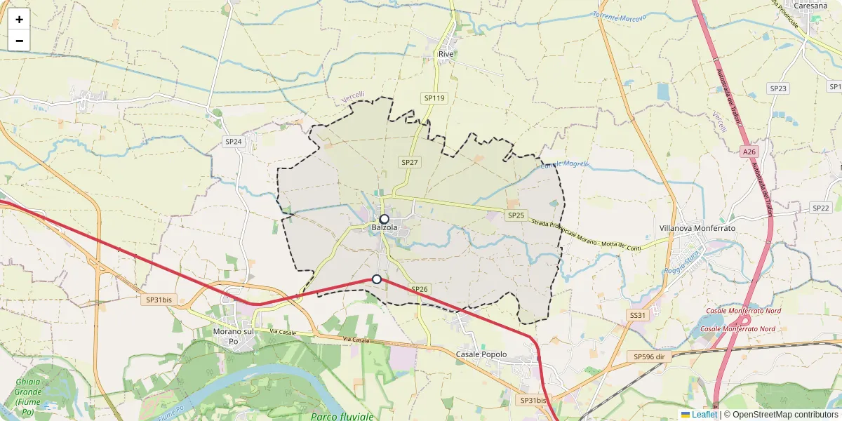 Mappa dettagliata del trasporto pubblico a Balzola con linee autobus, tram e collegamenti