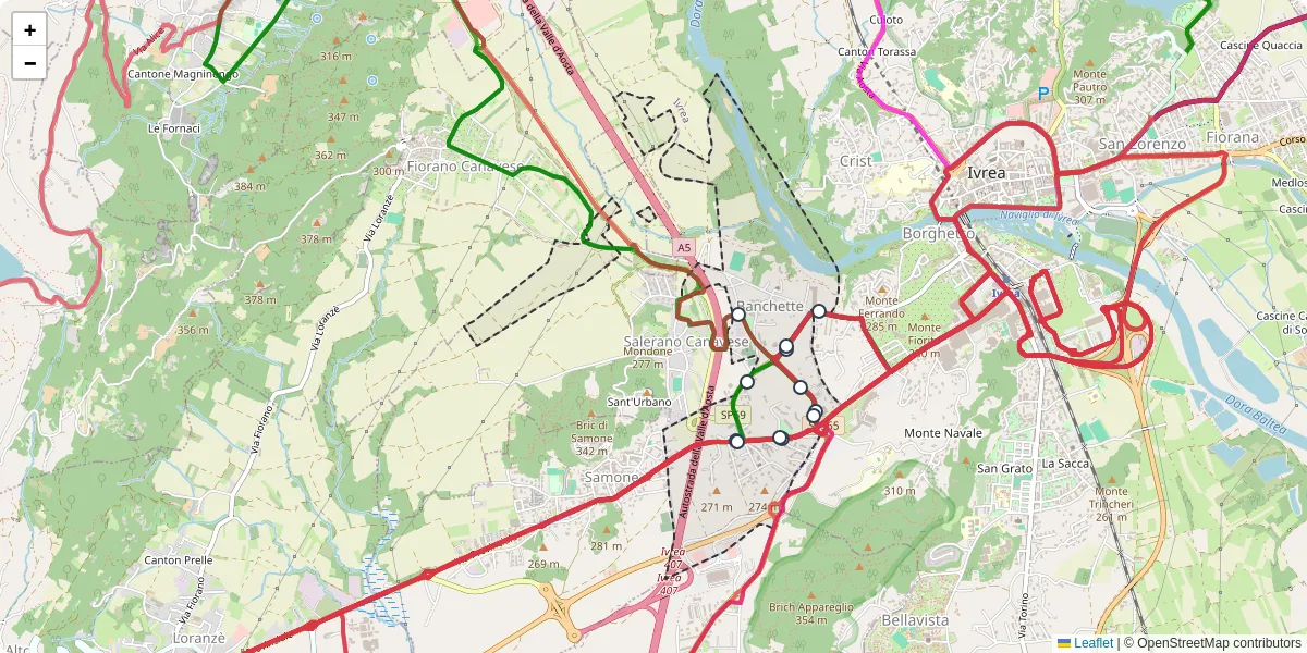 Mappa dettagliata del trasporto pubblico a Banchette con linee autobus, tram e collegamenti