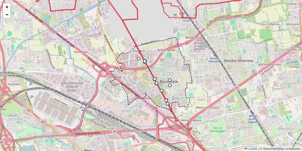 Mappa dettagliata del trasporto pubblico a Baranzate con linee autobus, tram e collegamenti