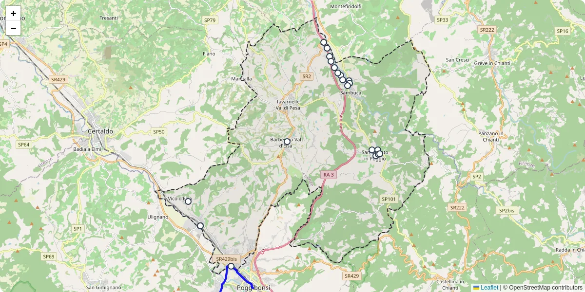 Mappa dettagliata del trasporto pubblico a Barberino Tavarnelle con linee autobus, tram e collegamenti