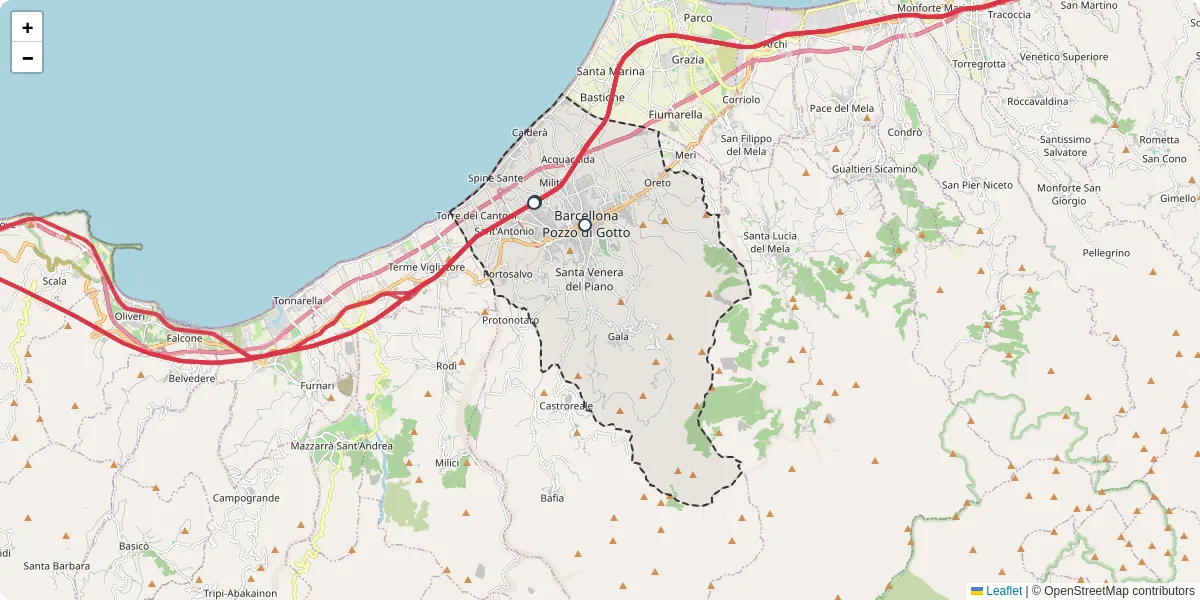 Mappa dettagliata del trasporto pubblico a Barcellona Pozzo di Gotto con linee autobus, tram e collegamenti