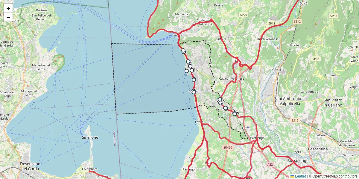 Mappa dettagliata del trasporto pubblico a Bardolino con linee autobus, tram e collegamenti