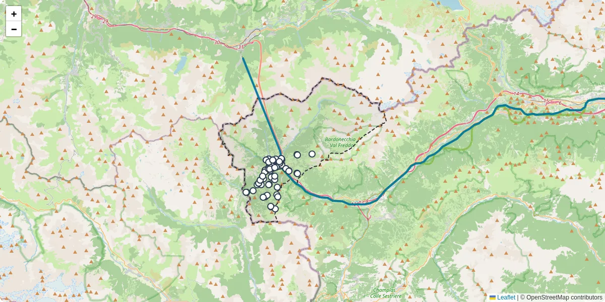 Mappa dettagliata del trasporto pubblico a Bardonecchia con linee autobus, tram e collegamenti
