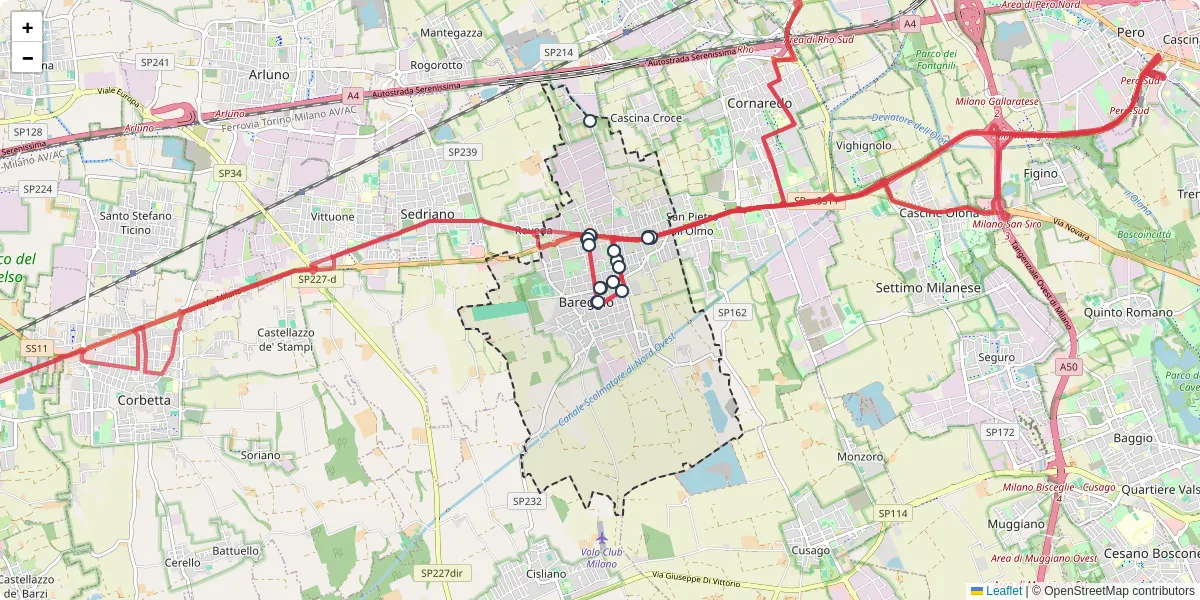 Mappa dettagliata del trasporto pubblico a Bareggio con linee autobus, tram e collegamenti