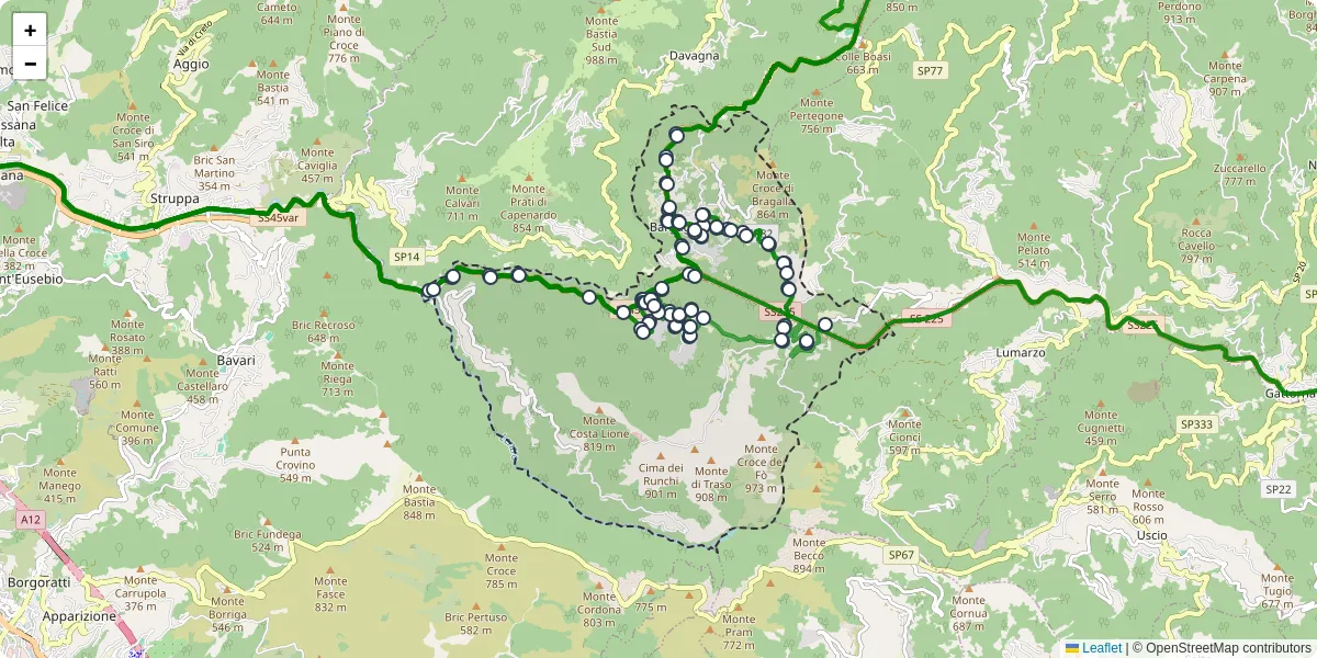 Mappa dettagliata del trasporto pubblico a Bargagli con linee autobus, tram e collegamenti