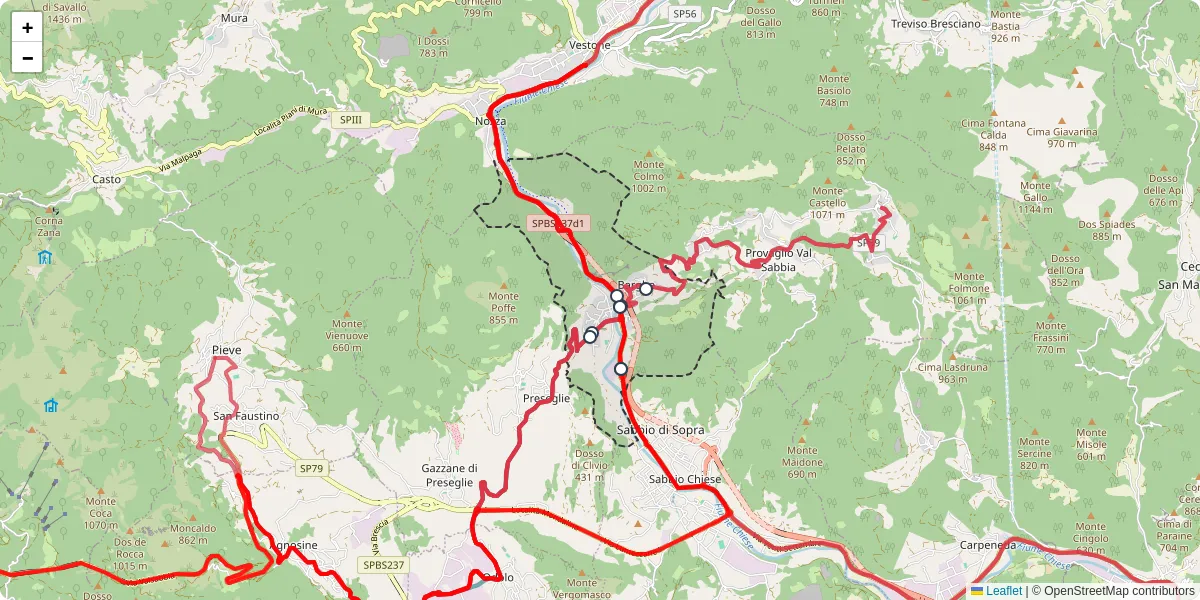 Mappa dettagliata del trasporto pubblico a Barghe con linee autobus, tram e collegamenti
