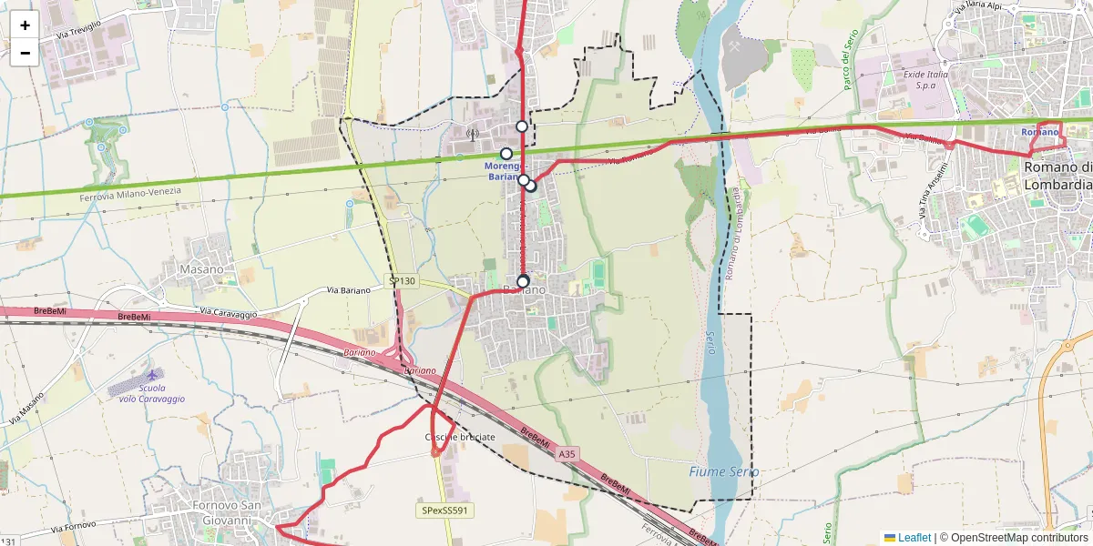 Mappa dettagliata del trasporto pubblico a Bariano con linee autobus, tram e collegamenti