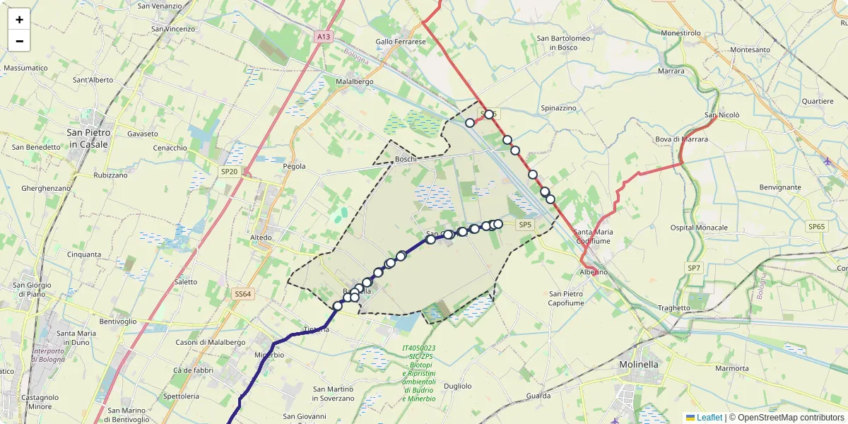 Mappa dettagliata del trasporto pubblico a Baricella con linee autobus, tram e collegamenti