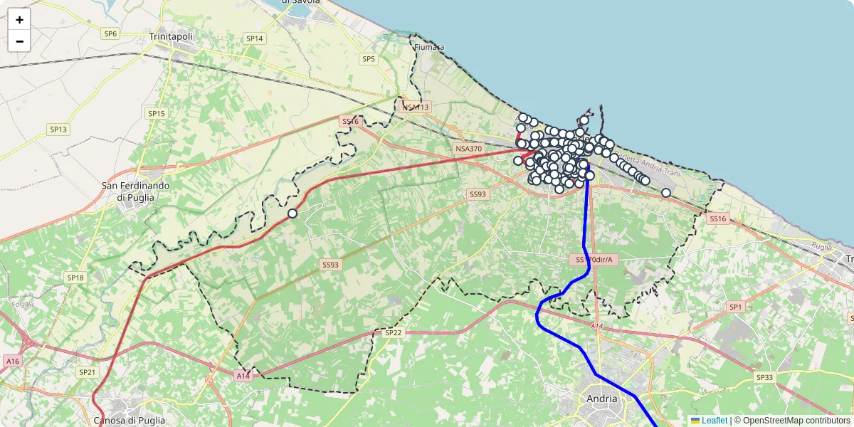 Mappa dettagliata del trasporto pubblico a Barletta con linee autobus, tram e collegamenti