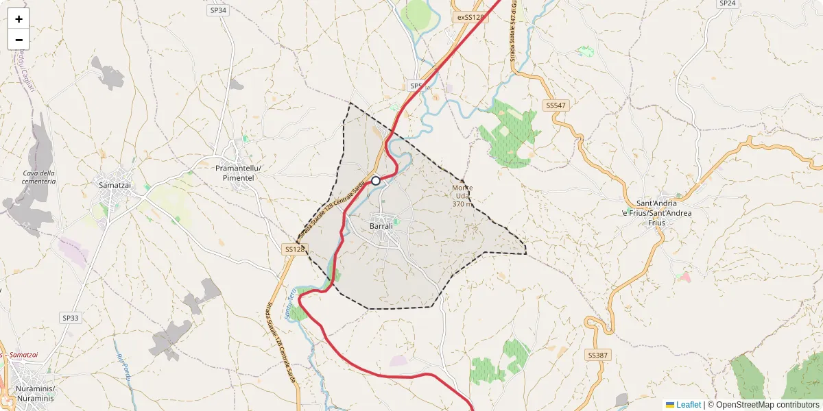 Mappa dettagliata del trasporto pubblico a Barrali con linee autobus, tram e collegamenti