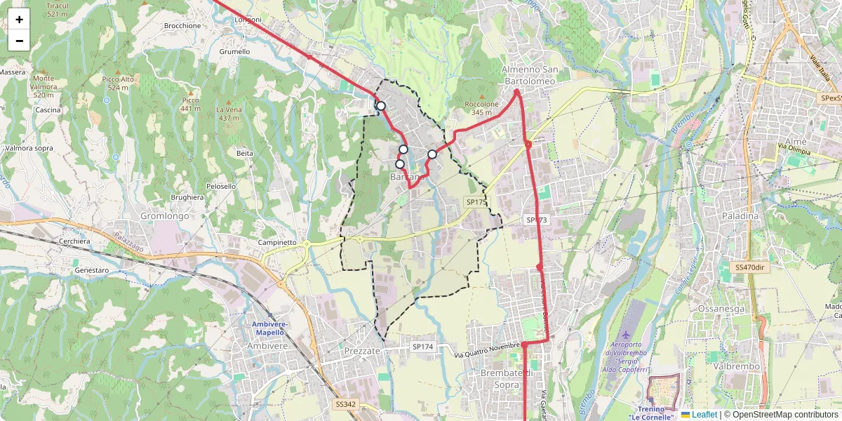 Mappa dettagliata del trasporto pubblico a Barzana con linee autobus, tram e collegamenti