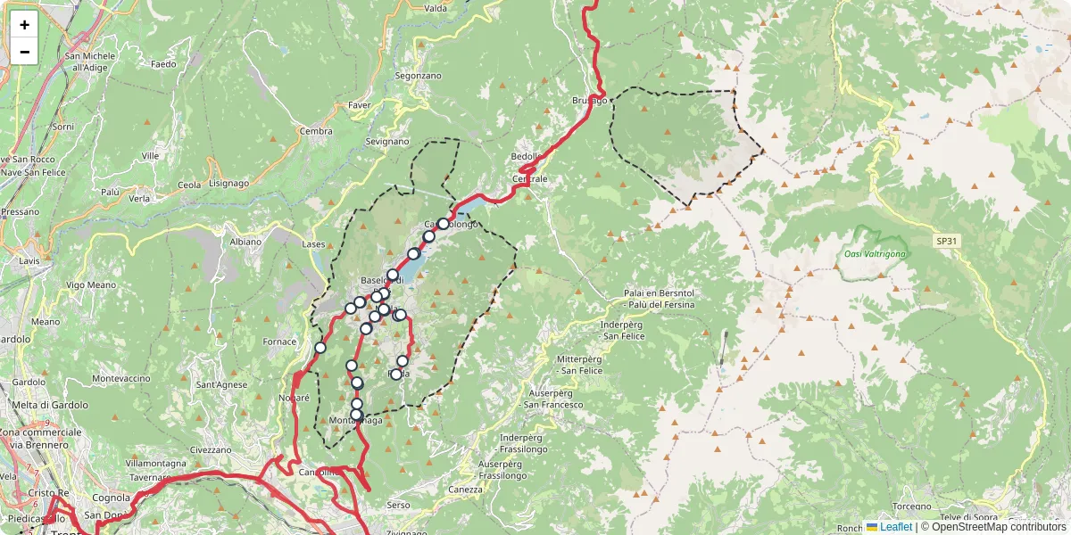Mappa dettagliata del trasporto pubblico a Baselga di Piné con linee autobus, tram e collegamenti