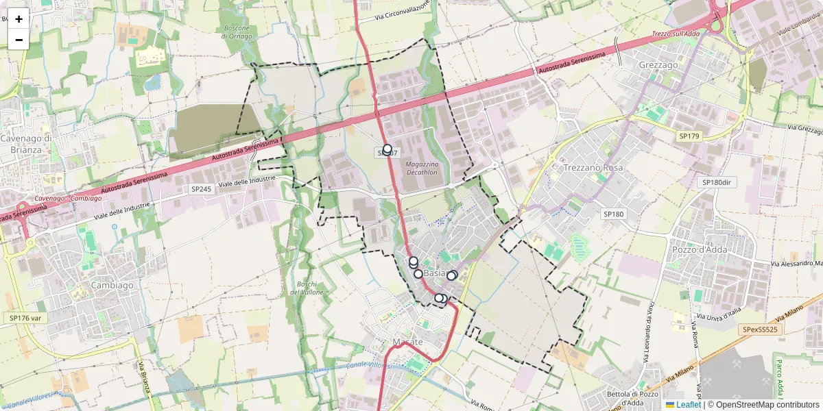 Mappa dettagliata del trasporto pubblico a Basiano con linee autobus, tram e collegamenti