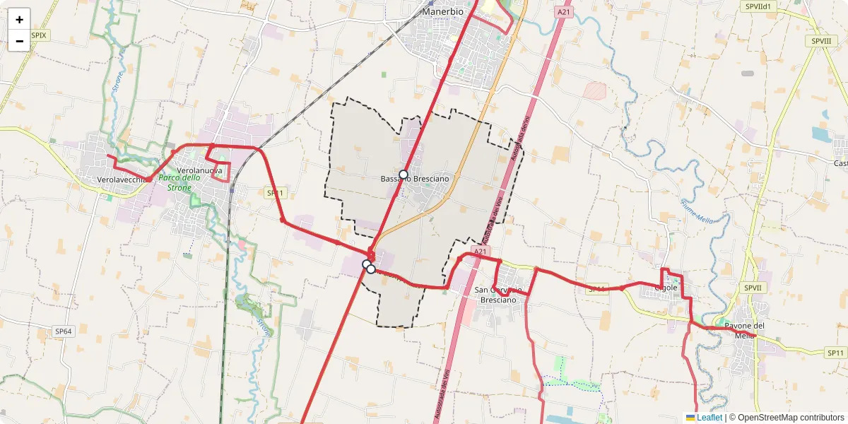 Mappa dettagliata del trasporto pubblico a Bassano Bresciano con linee autobus, tram e collegamenti