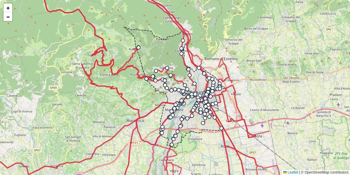 Mappa dettagliata del trasporto pubblico a Bassano del Grappa con linee autobus, tram e collegamenti