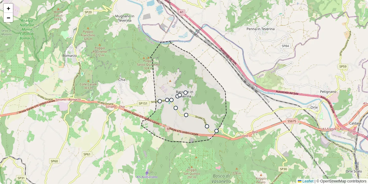 Mappa dettagliata del trasporto pubblico a Bassano in Teverina con linee autobus, tram e collegamenti
