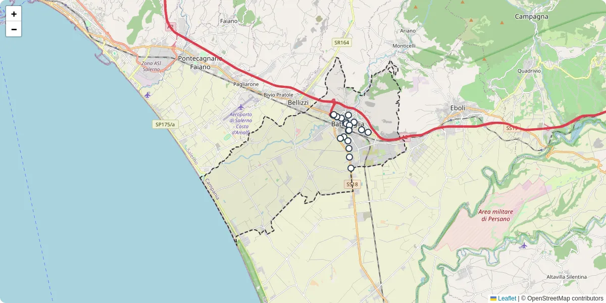 Mappa dettagliata del trasporto pubblico a Battipaglia con linee autobus, tram e collegamenti
