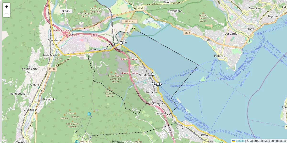 Mappa dettagliata del trasporto pubblico a Baveno con linee autobus, tram e collegamenti
