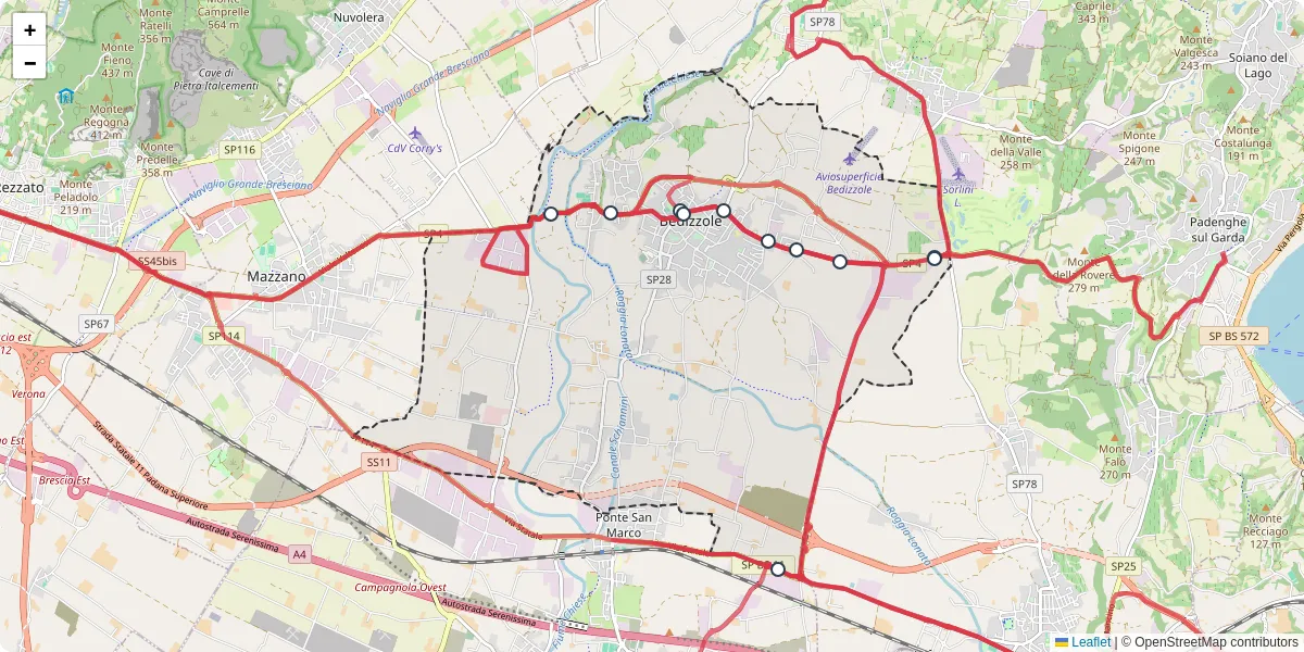 Mappa dettagliata del trasporto pubblico a Bedizzole con linee autobus, tram e collegamenti