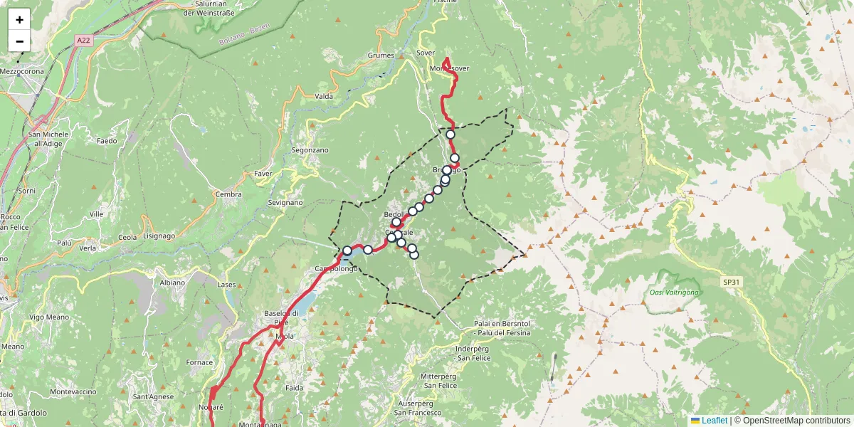 Mappa dettagliata del trasporto pubblico a Bedollo con linee autobus, tram e collegamenti