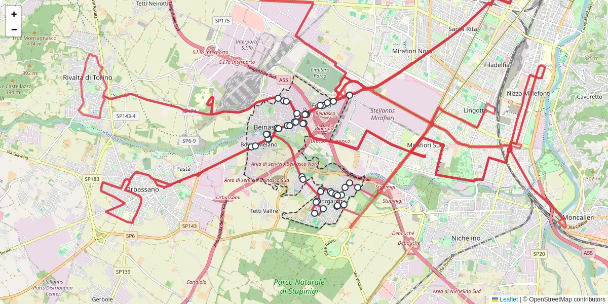 Mappa dettagliata del trasporto pubblico a Beinasco con linee autobus, tram e collegamenti