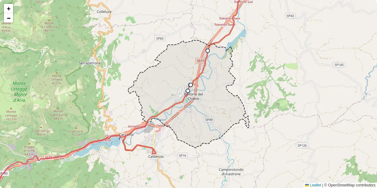 Mappa dettagliata del trasporto pubblico a Belforte del Chienti con linee autobus, tram e collegamenti
