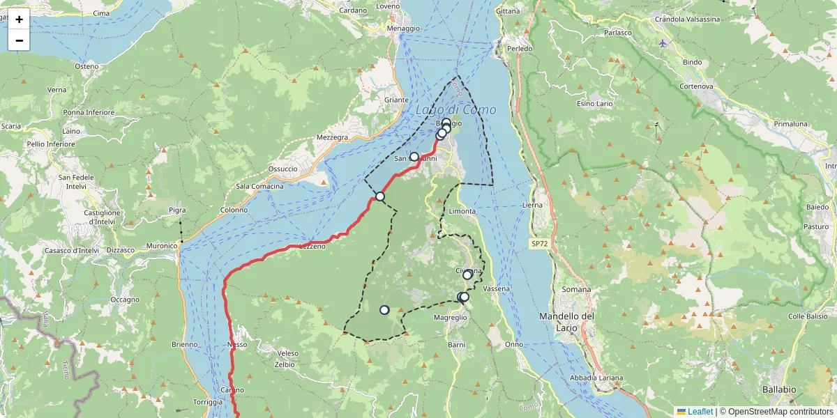 Mappa dettagliata del trasporto pubblico a Bellagio con linee autobus, tram e collegamenti