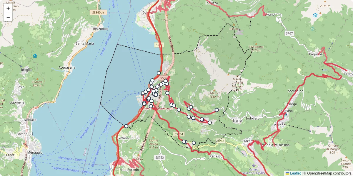 Mappa dettagliata del trasporto pubblico a Bellano con linee autobus, tram e collegamenti