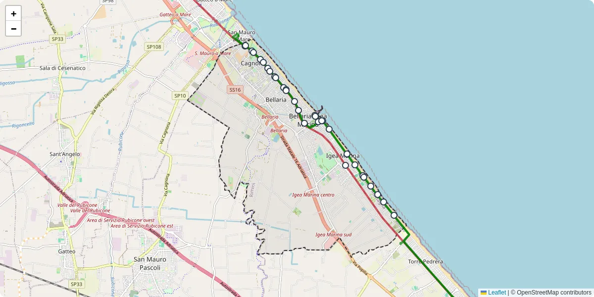 Mappa dettagliata del trasporto pubblico a Bellaria-Igea Marina con linee autobus, tram e collegamenti