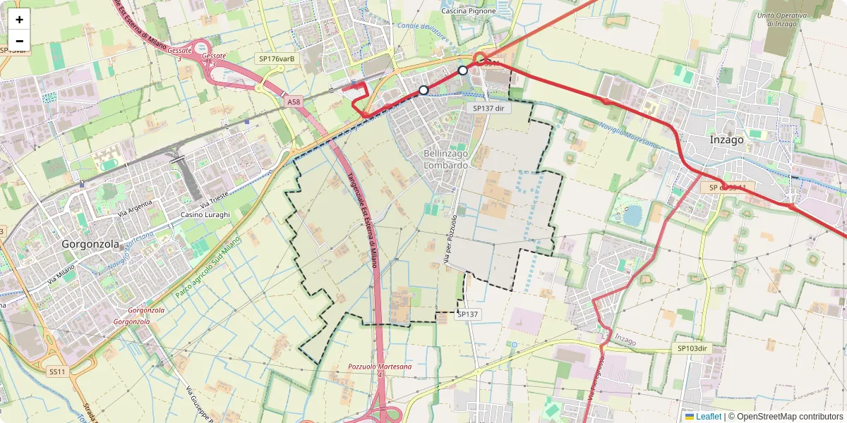 Mappa dettagliata del trasporto pubblico a Bellinzago Lombardo con linee autobus, tram e collegamenti