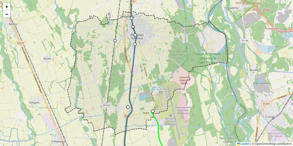 Mappa dettagliata del trasporto pubblico a Bellinzago Novarese con linee autobus, tram e collegamenti
