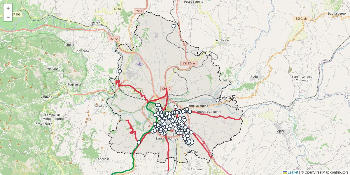 Mappa dettagliata del trasporto pubblico a Benevento con linee autobus, tram e collegamenti